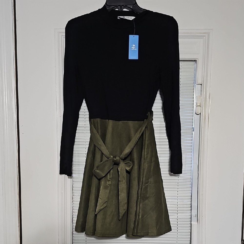 Cupshe Black & Olive Two-Tone Long Sleeve Dress with Tie Waist